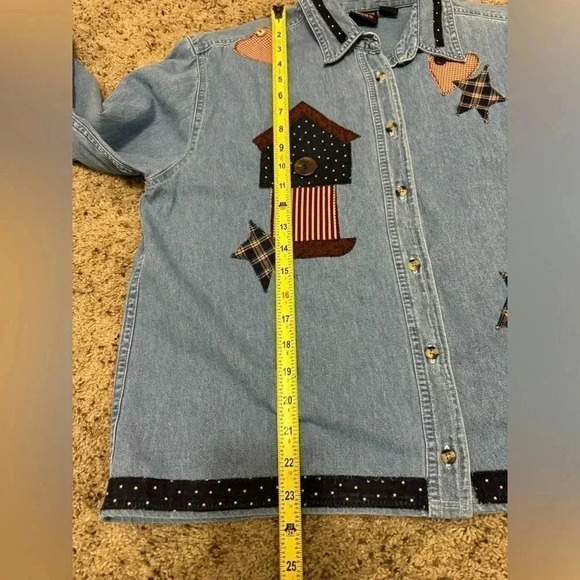 Women’s Denim Patches Patriotic US American Flag Button Down Shirt Top Large - Picture 9 of 10